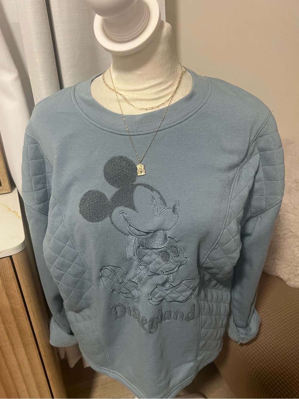 Disney Women's Dusty Blue Mickey Quilted Crewneck Sweatshirt
